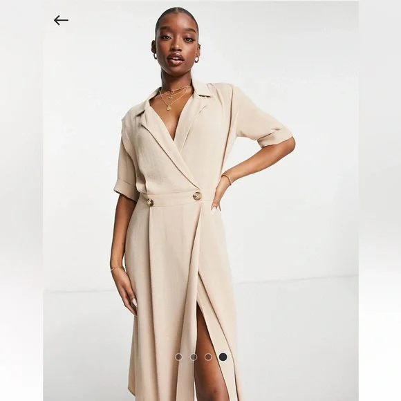 ASOS DESIGN- wrap tax midi dress with shoulder pads - Picture 2 of 6